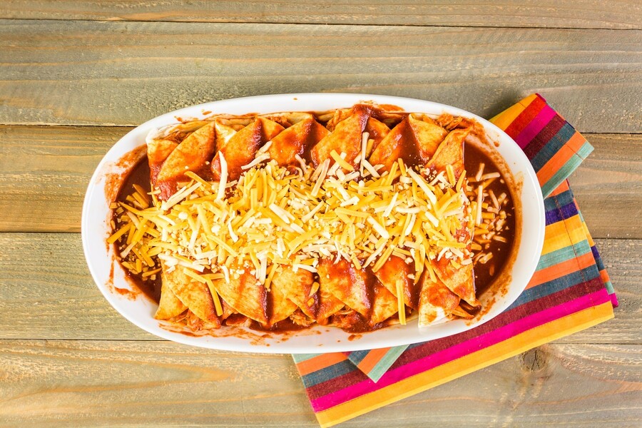 Chicken or Beef Enchiladas, Spanish Rice and Pinto Beans